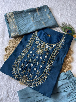 premium-roman-silk-kurti-pant-dupatta-set-embroidery-zari-print-work-color-dark-blue-3