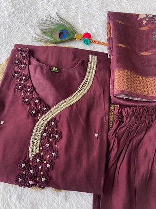 premium-roman-silk-kurti-pant-dupatta-set-embroidery-zari-print-work-color-deep-coffee-3