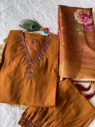 premium-roman-silk-kurti-pant-dupatta-set-embroidery-zari-print-work-color-dusty-orange-3