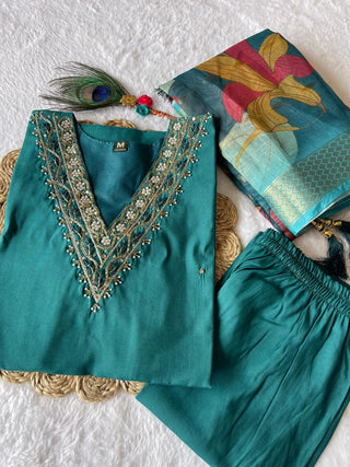 premium-roman-silk-kurti-pant-dupatta-set-embroidery-zari-print-work-color-greenish-blue-3