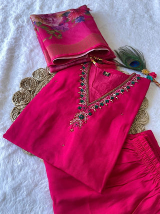 premium-roman-silk-kurti-pant-dupatta-set-embroidery-zari-print-work-color-hot-pink-3