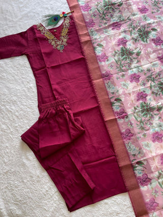 premium-roman-silk-kurti-pant-dupatta-set-embroidery-zari-print-work-color-maroon-1