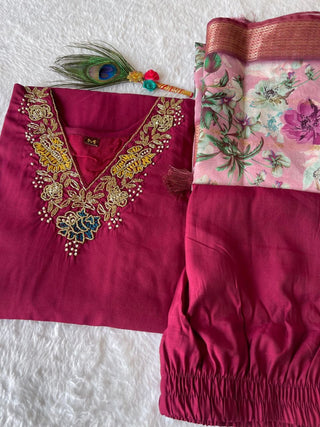 premium-roman-silk-kurti-pant-dupatta-set-embroidery-zari-print-work-color-maroon-2