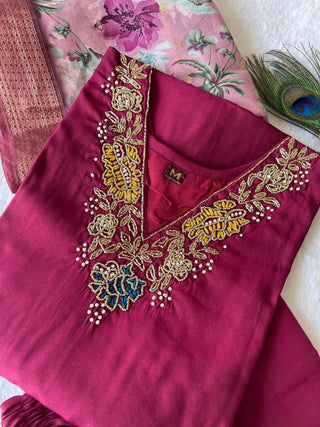 premium-roman-silk-kurti-pant-dupatta-set-embroidery-zari-print-work-color-maroon-3