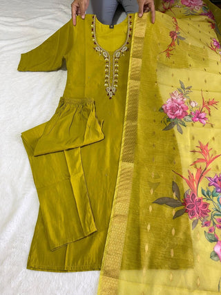 premium-roman-silk-kurti-pant-dupatta-set-embroidery-zari-print-work-color-ochre-1