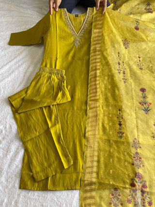 premium-roman-silk-kurti-pant-dupatta-set-embroidery-zari-print-work-color-olive-yellow-1