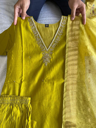 premium-roman-silk-kurti-pant-dupatta-set-embroidery-zari-print-work-color-olive-yellow-2