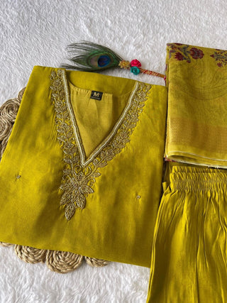 premium-roman-silk-kurti-pant-dupatta-set-embroidery-zari-print-work-color-olive-yellow-3