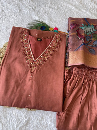 premium-roman-silk-kurti-pant-dupatta-set-embroidery-zari-print-work-color-peanut-3