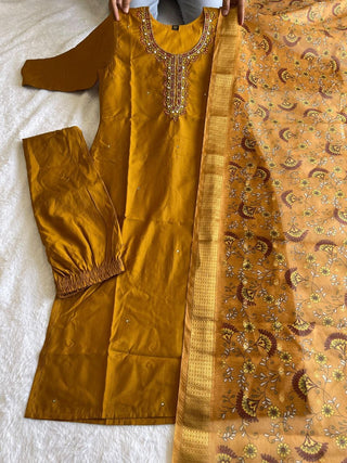 premium-roman-silk-kurti-pant-dupatta-set-embroidery-zari-print-work-color-pirate-gold-1