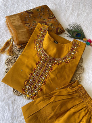 premium-roman-silk-kurti-pant-dupatta-set-embroidery-zari-print-work-color-pirate-gold-3