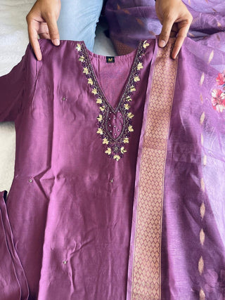 premium-roman-silk-kurti-pant-dupatta-set-embroidery-zari-print-work-color-purple-1