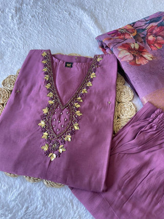 premium-roman-silk-kurti-pant-dupatta-set-embroidery-zari-print-work-color-purple-2