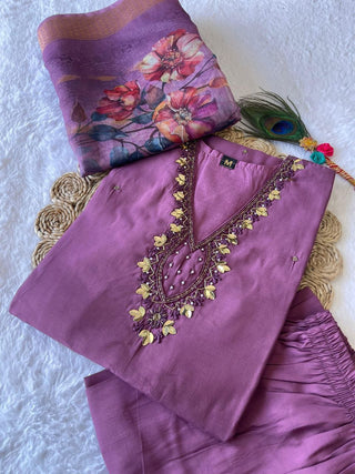 premium-roman-silk-kurti-pant-dupatta-set-embroidery-zari-print-work-color-purple-3