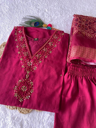 premium-roman-silk-kurti-pant-dupatta-set-embroidery-zari-print-work-color-purple-red-3