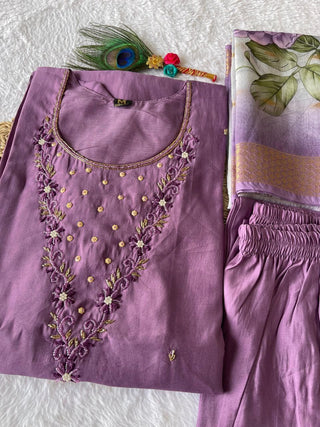 premium-roman-silk-kurti-pant-dupatta-set-embroidery-zari-print-work-color-purple-taupe-3