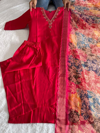 premium-roman-silk-kurti-pant-dupatta-set-embroidery-zari-print-work-color-red-1