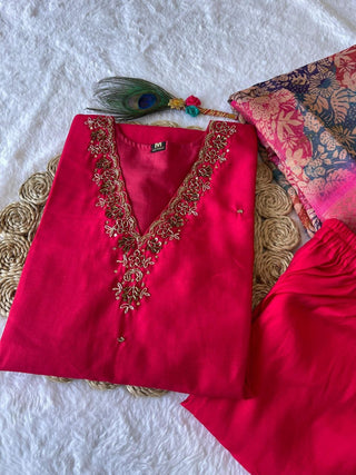 premium-roman-silk-kurti-pant-dupatta-set-embroidery-zari-print-work-color-red-3