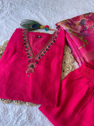 premium-roman-silk-kurti-pant-dupatta-set-embroidery-zari-print-work-color-rose-red-3