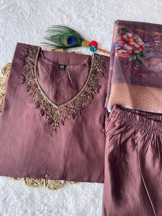 premium-roman-silk-kurti-pant-dupatta-set-embroidery-zari-print-work-color-rosy-brown-3