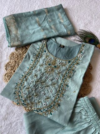 premium-roman-silk-kurti-pant-dupatta-set-embroidery-zari-print-work-color-summer-green-3