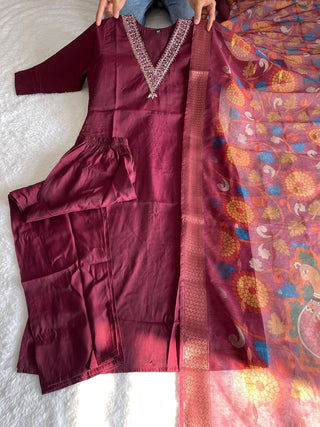 premium-roman-silk-kurti-pant-dupatta-set-embroidery-zari-print-work-color-velvet-maroon-1