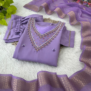 premium-roman-silk-kurti-pant-dupatta-set-hand-sequence-print-work-color-purple-3