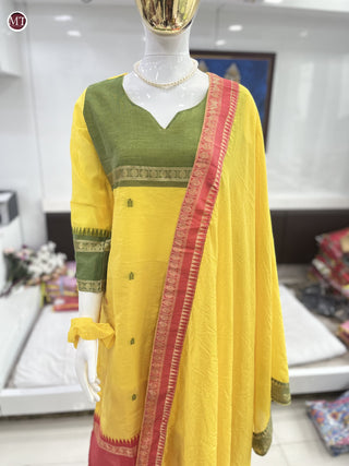 pure-kanchi-cotton-kurti-pant-dupatta-suit-set-print-hand-zari-weaving-work-color-yellow-8