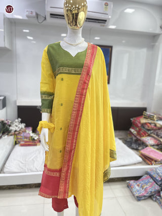 pure-kanchi-cotton-kurti-pant-dupatta-suit-set-print-hand-zari-weaving-work-color-yellow-9