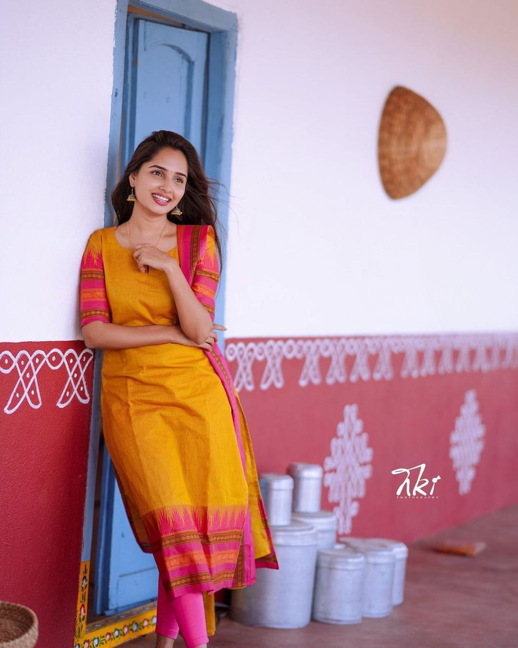 kanchi cotton dress NEELAM A pure kanchi cotton dress with dupion silk yoke!Embrace the timeless elegance of this cotton dress with a striking blue border! Perfect for any occasion, its breathable fabric ensures comfort,