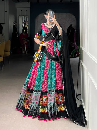 pure-rayon-lehenga-choli-dupatta-batwa-set-with-bandhej-ajarakh-paper-mirror-gamthi-work-lace-touch-up-color-cyan-magenta-4