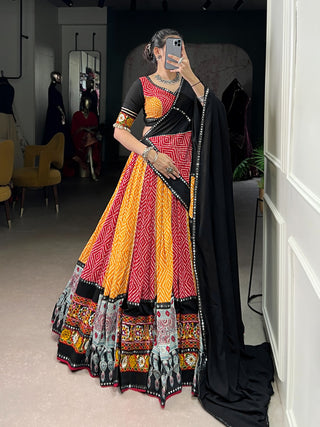 pure-rayon-lehenga-choli-dupatta-batwa-set-with-bandhej-ajarakh-paper-mirror-gamthi-work-lace-touch-up-color-red-yellow-5