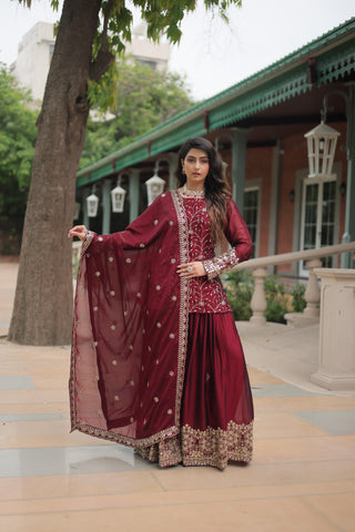 rangoli-silk-kurti-plazzo-dupatta-suit-set-with-heavy-sequins-thread-embroidery-work-color-green-maroon-2