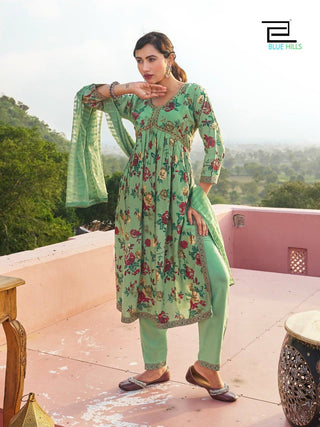 rayon-alia-cut-kurti-set-with-embroidery-print-lace-work-green