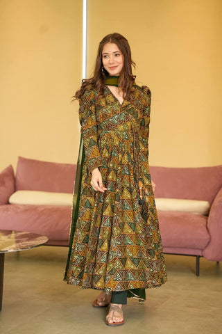 rayon-muslin-gown-pant-dupatta-suit-set-with-floral-print-work-color-army-green