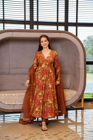 rayon-muslin-gown-pant-dupatta-suit-set-with-floral-print-work-color-brown