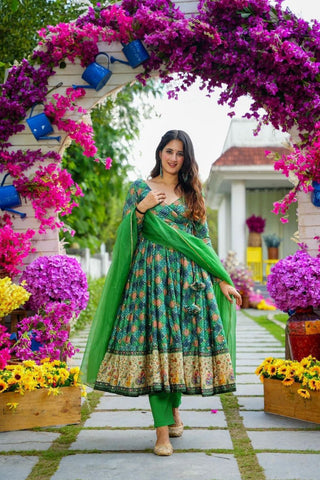 rayon-muslin-gown-pant-dupatta-suit-set-with-floral-print-work-color-green