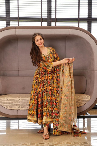        rayon-muslin-gown-pant-dupatta-suit-set-with-floral-print-work-color-multi
