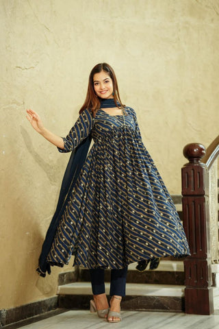 rayon-muslin-gown-pant-dupatta-suit-set-with-floral-print-work-color-navy-blue