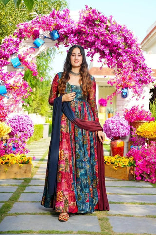 rayon-muslin-gown-pant-dupatta-suit-set-with-floral-print-work-color-red-blue
