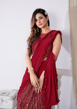 Varman Indian Sequence Saree for Women Party Wear Lycra with Stitched Blouse Plait Sequin Red Color, Listing ID: 8817240703258