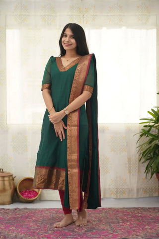 silk-cotton-kurti-legging-dupatta-set-with-weaving-work-color-bottle-green-1