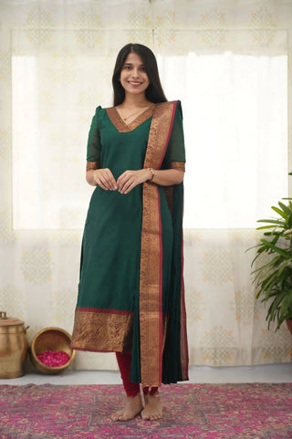 silk-cotton-kurti-legging-dupatta-set-with-weaving-work-color-bottle-green-2