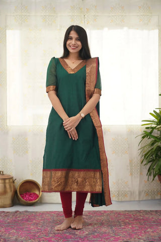 silk-cotton-kurti-legging-dupatta-set-with-weaving-work-color-bottle-green-2