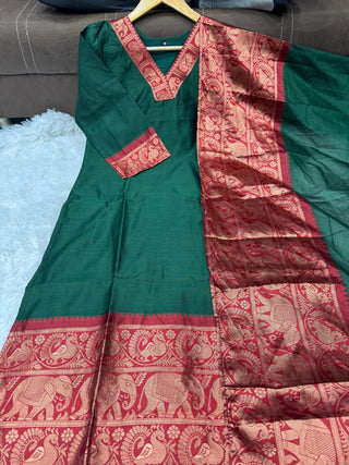 silk-cotton-kurti-legging-dupatta-set-with-weaving-work-color-bottle-green-4