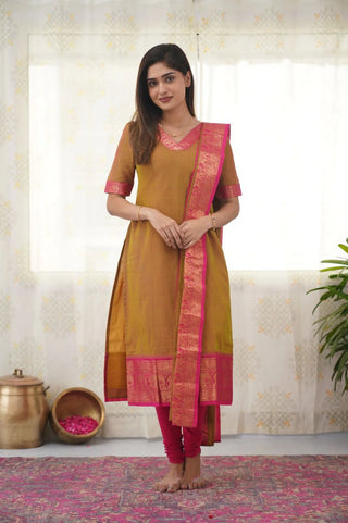 silk-cotton-kurti-legging-dupatta-set-with-weaving-work-color-brown-2