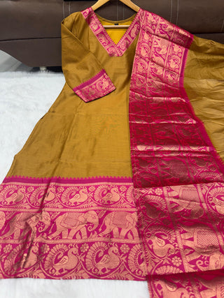 silk-cotton-kurti-legging-dupatta-set-with-weaving-work-color-brown-3