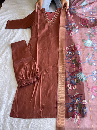 silk-kurti-pant-dupatta-set-with-hand-embroidery-digital-print-work-color-brown