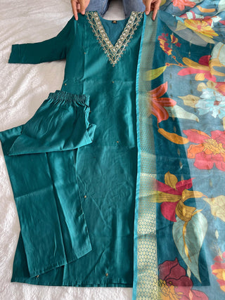 silk-kurti-pant-dupatta-set-with-hand-embroidery-digital-print-work-color-dark-teal