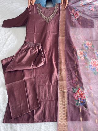 silk-kurti-pant-dupatta-set-with-hand-embroidery-digital-print-work-color-velvet-maroon